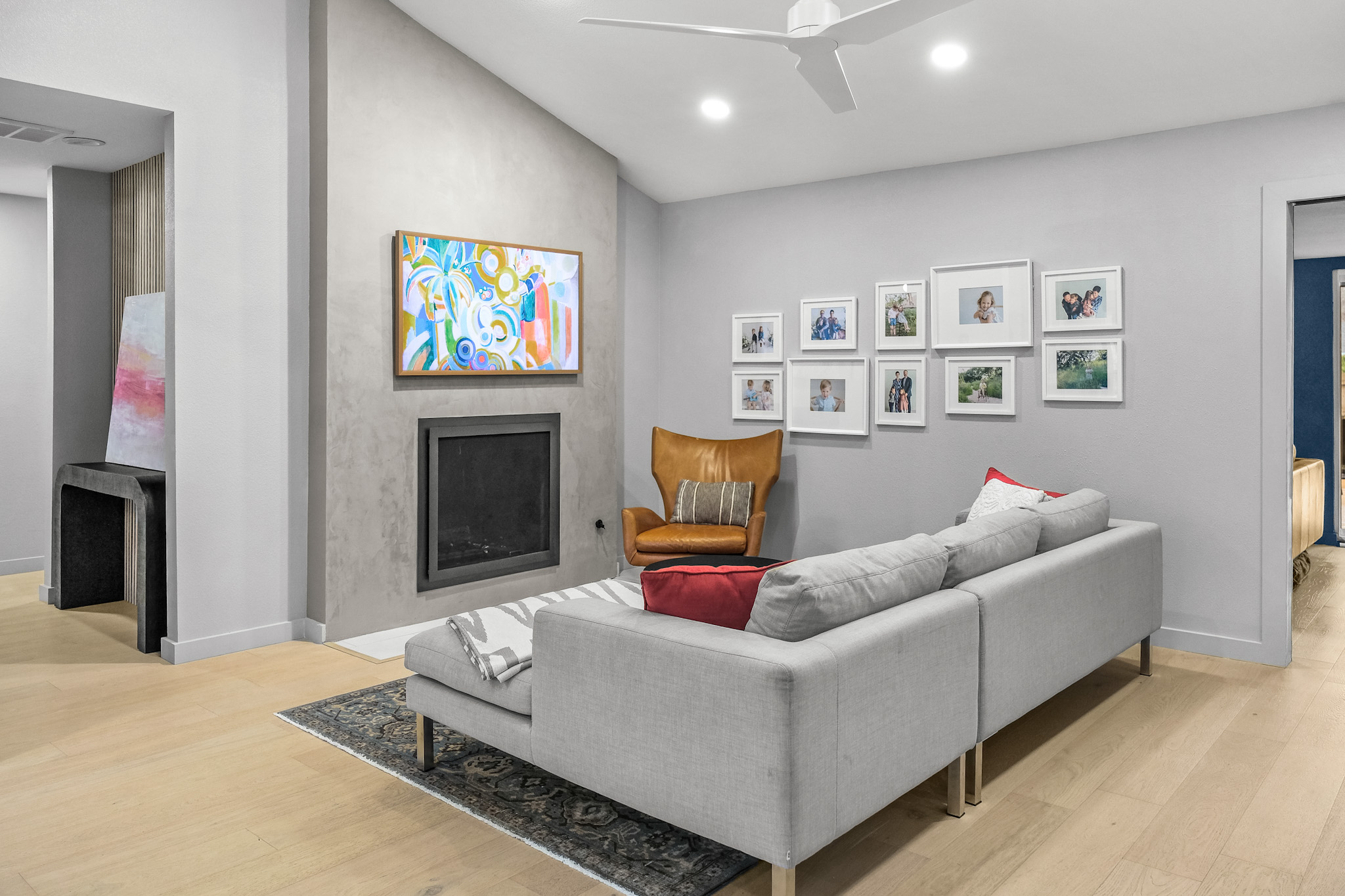 Living room addition with modern fireplace